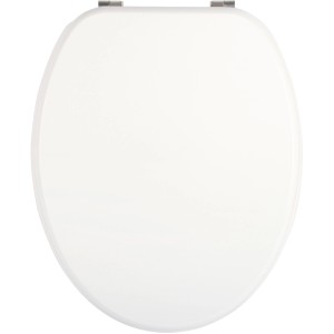 Weißer WC-Sitz Bingo mit Holzkern und Edelstahl-Scharnieren.