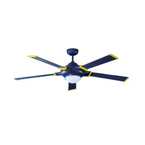 Blauer Deckenventilator Blue-Star 135 cm mit gelben Akzenten, Beleuchtung und Fernbedienung.