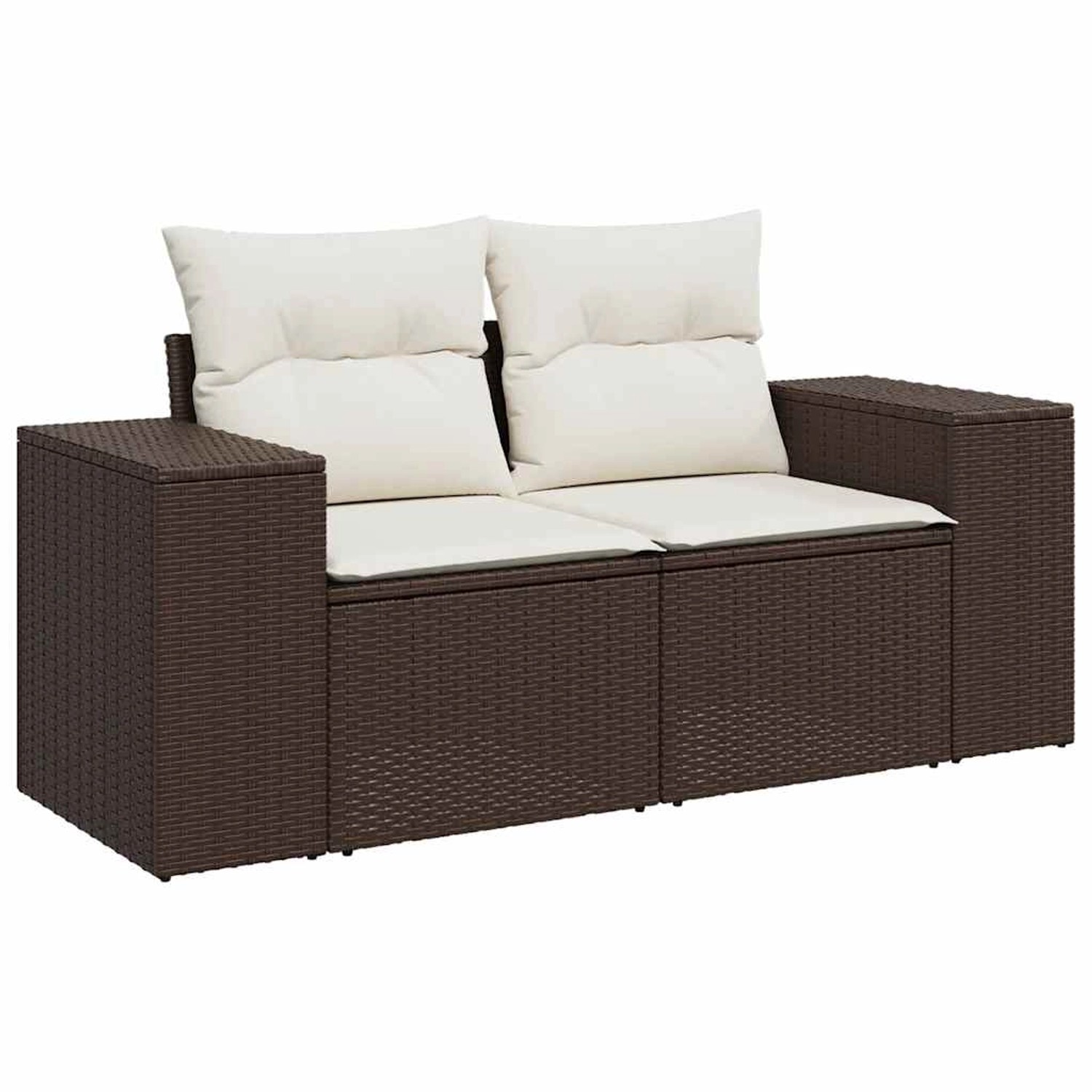 Braune 6-tlg. vidaXL Garten-Sofagarnitur aus Rattan mit cremeweißen Kissen.