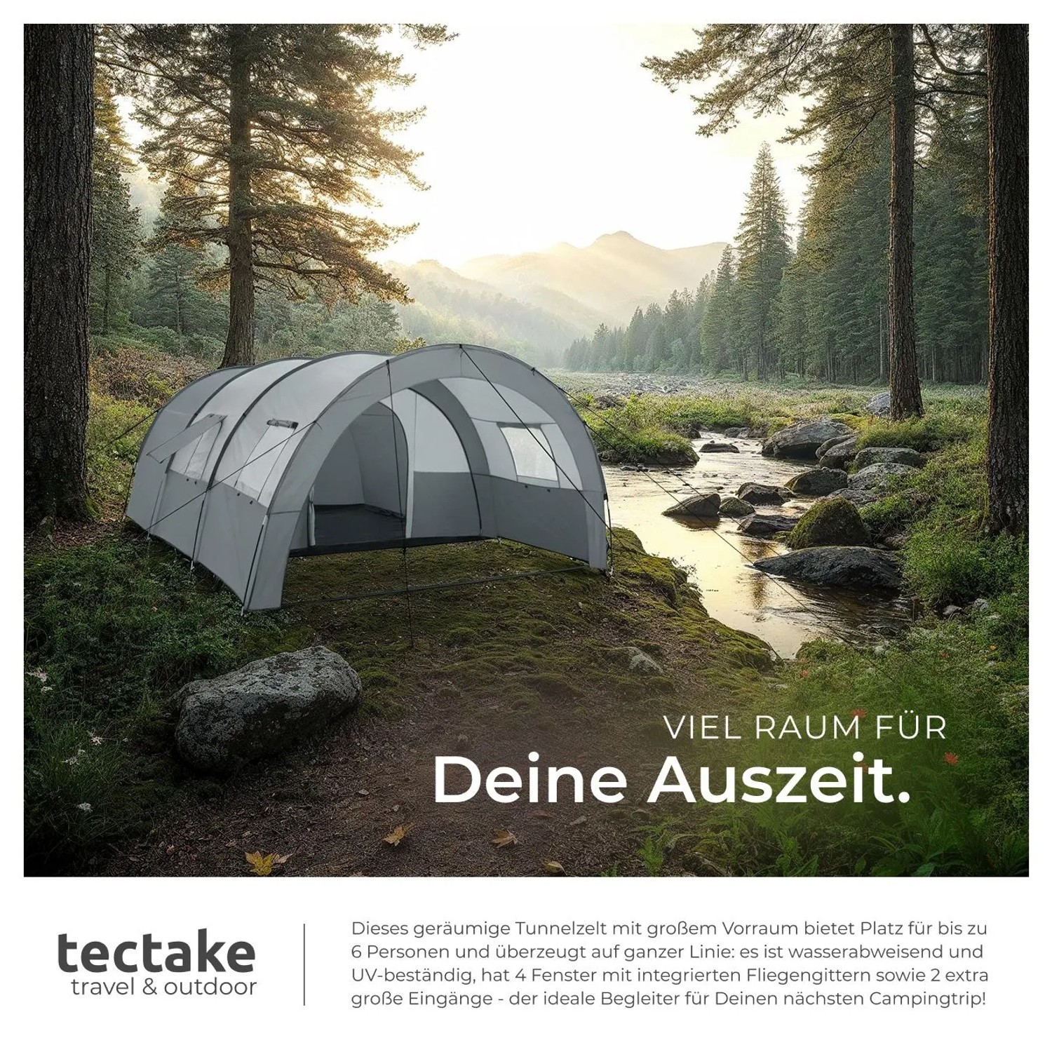 Tectake Tunnelzelt Roskilde Für 6 Personen Mit Vorzelt und Bodenplane Uv Schutz 50 480 x 350 x 195 cm Hellgrau Dunkelgrau_5