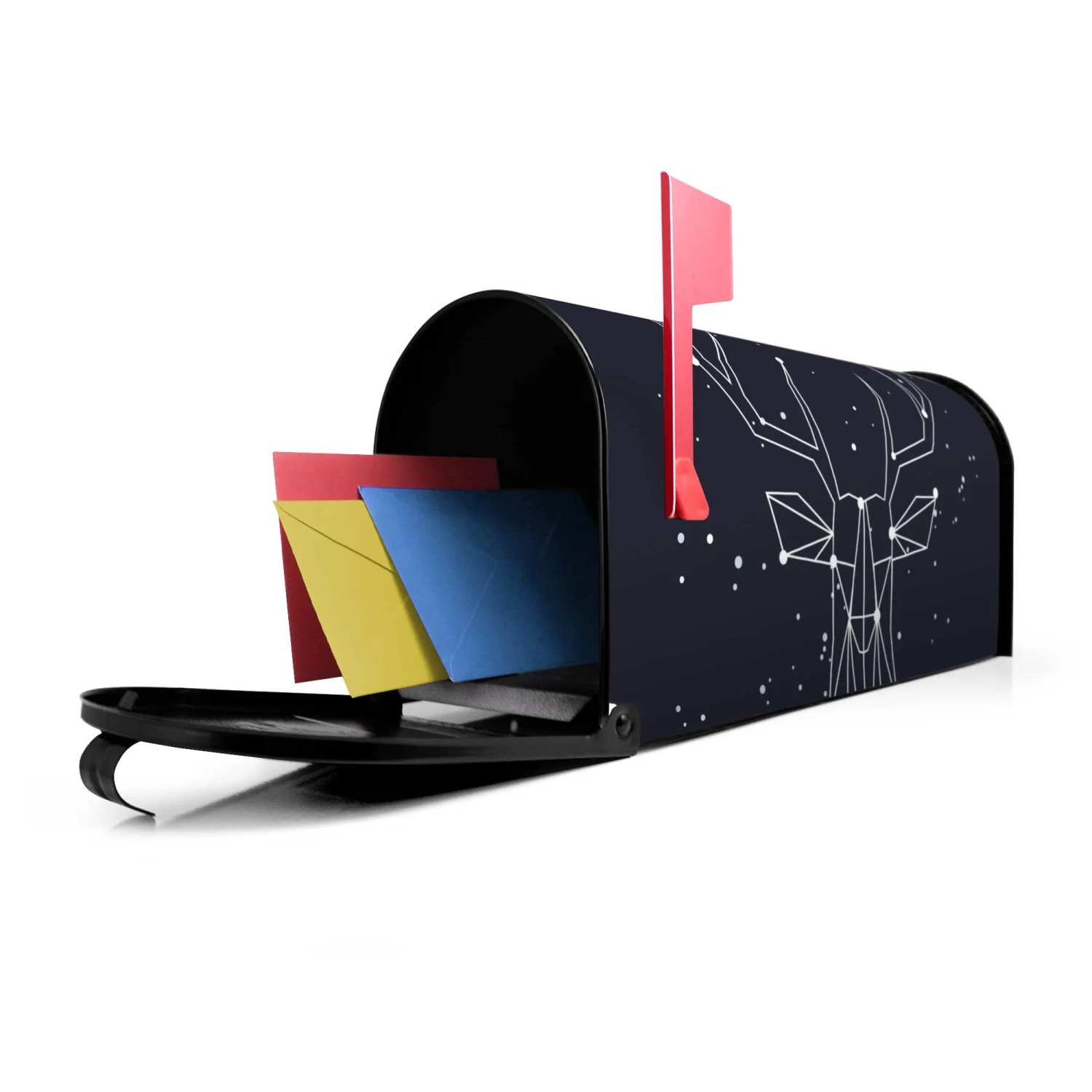 Schwarzer Banjado US Briefkasten mit Hirsch Sternbild Motiv, Post liegt bereit.