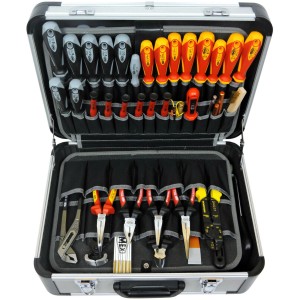 Offener Famex Alu Werkzeugkoffer 700-L mit diversen Werkzeugen in Einstecktaschen.
