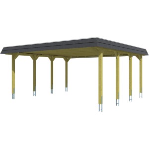 Skan Holz Carport Spreewald, 585x589cm, Nussbaum, mit schwarzer Blende. Doppelcarport aus Holz mit Aluminiumdach.