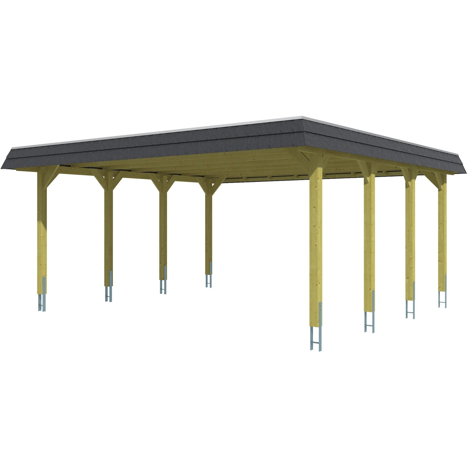 Skan Holz Carport Spreewald, 585x589cm, Nussbaum, mit schwarzer Blende. Doppelcarport aus Holz mit Aluminiumdach.