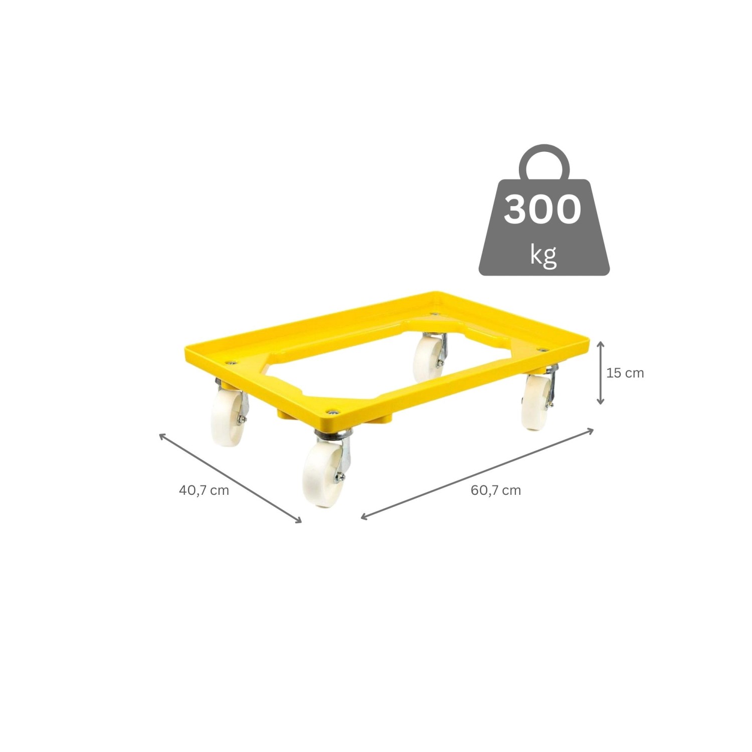 Gelber PROREGAL Transportroller für Euroboxen (60x40 cm) mit 4 Kunststoffrädern und 300 kg Traglast.
