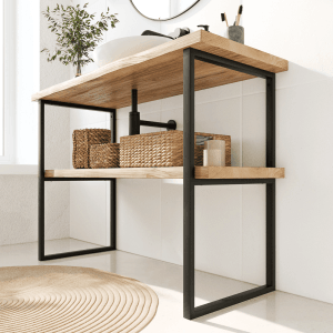HEVVA Doppel-Waschtisch Gestell NECKAR, 2er Set, schwarz, mit Holzplatte und Accessoires.