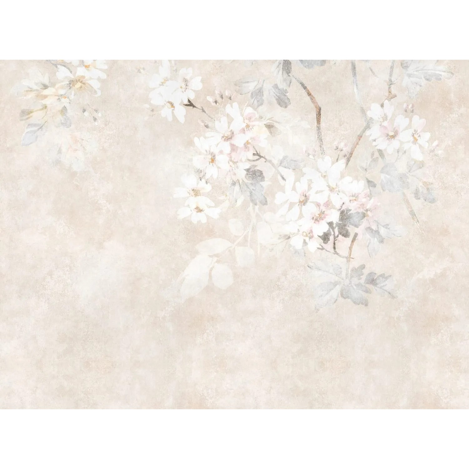 PROFHOME Fototapete mit Blumenmuster in Beige, Creme-Weiß und Grau. Vliestapete für Wohnräume.