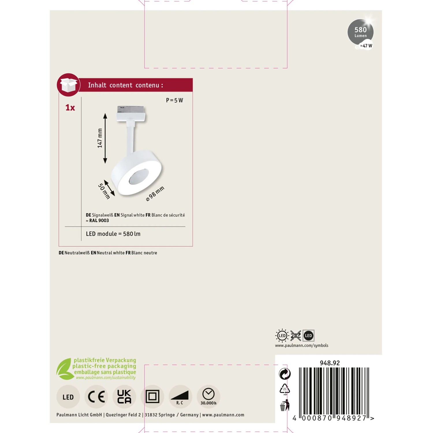 Verpackung des Paulmann LED-Schienenspots Circle, signalweiß, 10cm Durchmesser.