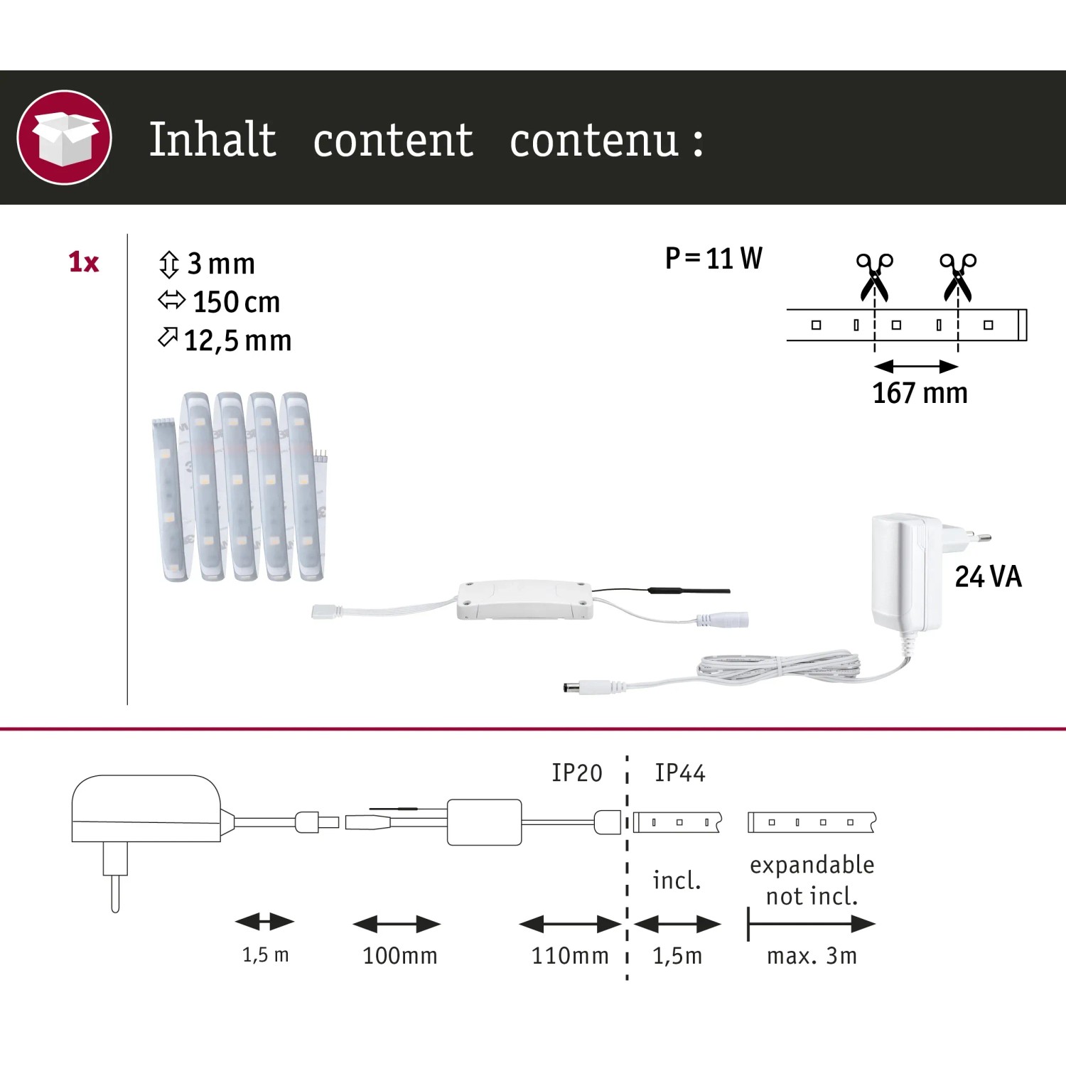 Paulmann MaxLED 250 LED Strip RGBW 1,5m Basis-Set: LED-Streifen, Controller, Netzteil. Smart Home Zigbee.