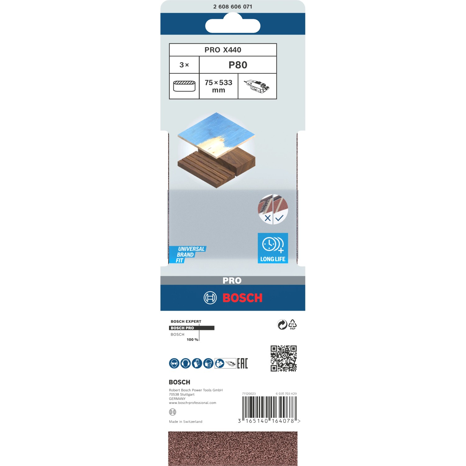 Bosch Schleifband Pro, 75x533mm, Korn 80, 3er-Pack für Bandschleifer. Geeignet für Holz.