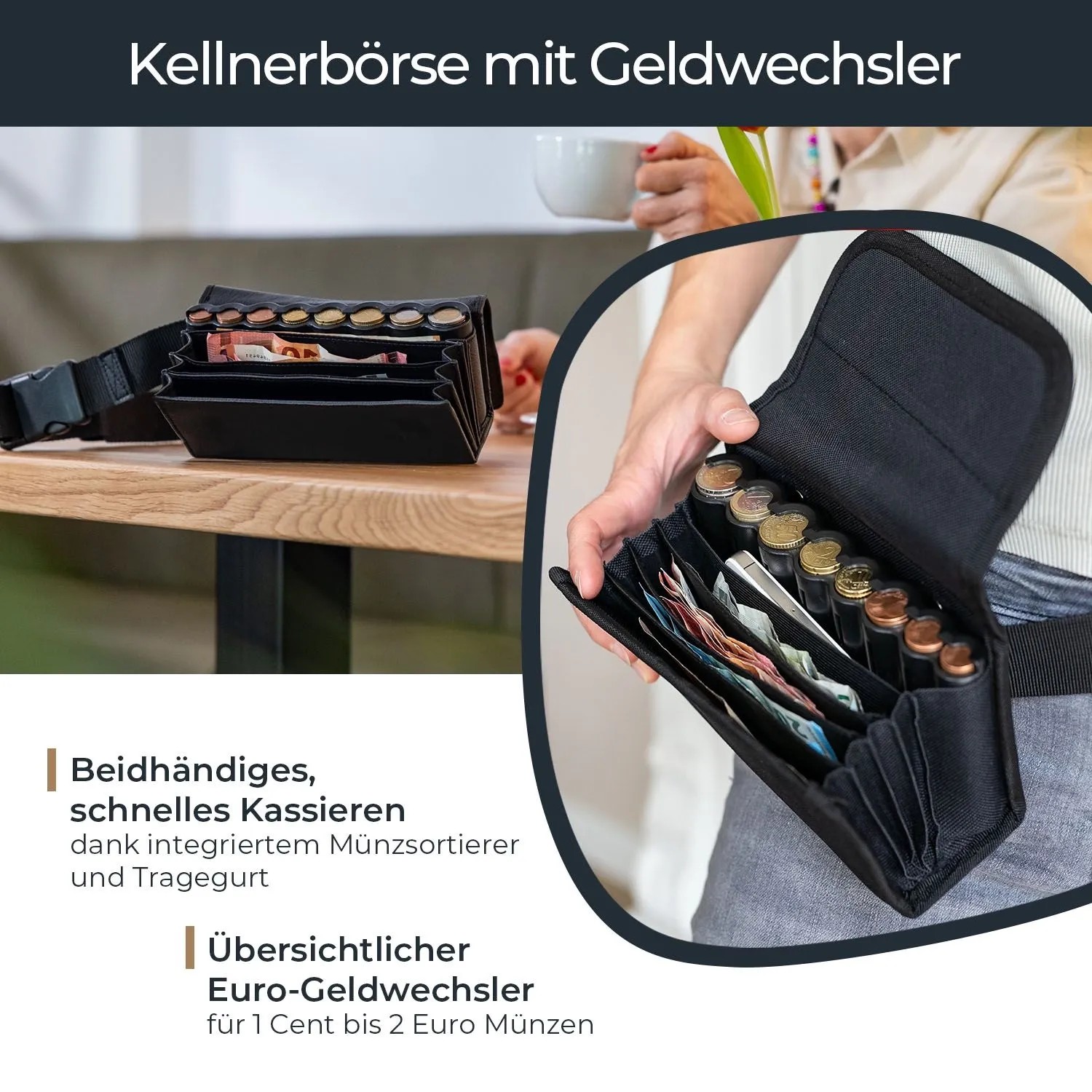 Schwarze HMF Kellner Geldbörse mit Euro-Geldwechsler und Gürtel. Ideal für Gastronomie und Service.