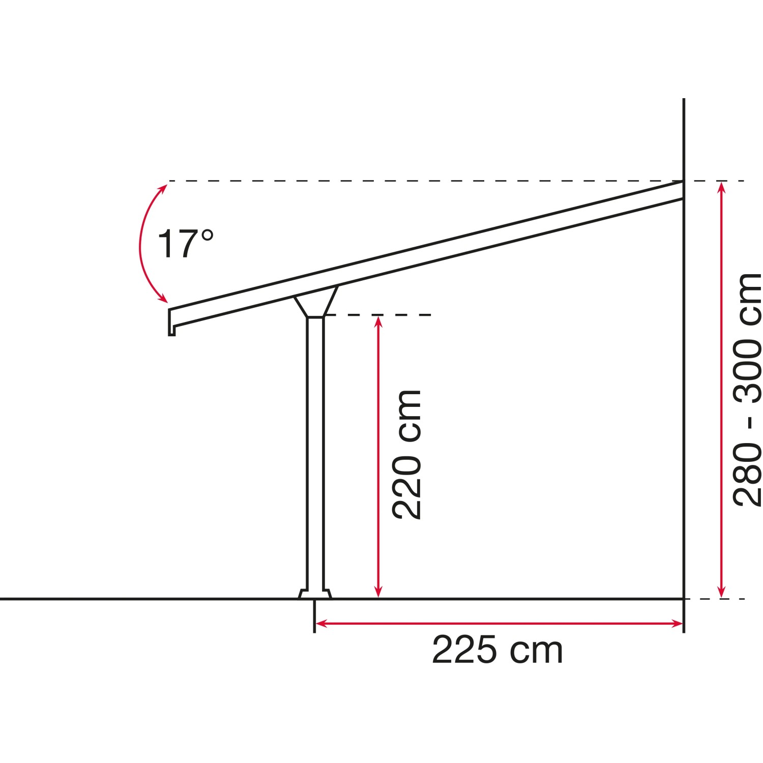 Skizze der Gutta Terrassenüberdachung Anthrazit mit Maßangaben zu Höhe, Breite und Neigung.