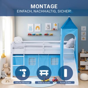 Weißes Kinder Hochbett mit Rutsche, Turm und blauem Vorhang (90x200 cm).