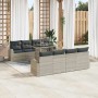 Hellgraues 7-teiliges vidaXL Garten-Sofa-Set aus Poly Rattan mit Tisch und Kissen.