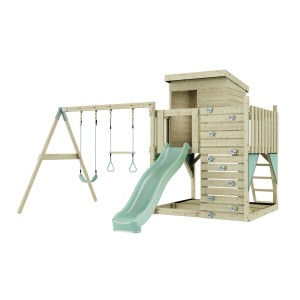 PolarPlay Spielturm Björn mit Schaukel, Rutsche und Kletterwand, mintgrün.