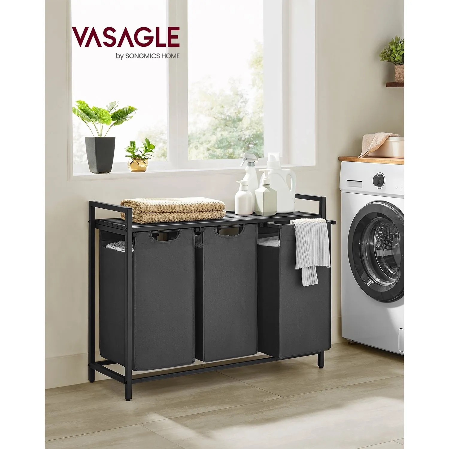 Vasagle Wäschetruhe 3 Fächer Ablage 92,5 x 33 x 72 cm 114 l Schwarz-Grau kaufen bei OBI