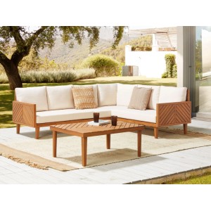 Beliani Sitzgruppe BARATTI, hellbeige, aus Akazienholz mit Tisch und Kissen für den Garten.