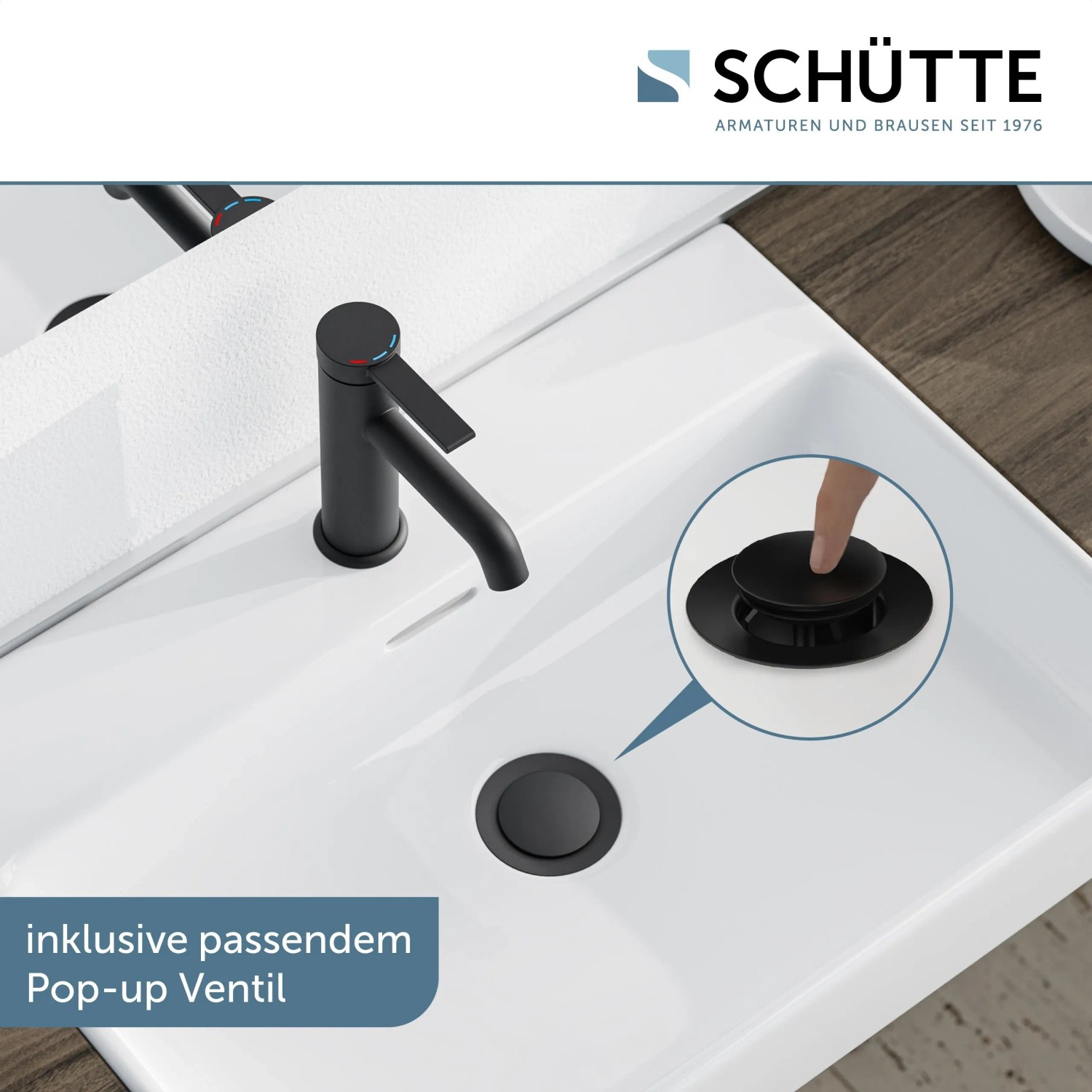 Schwarze Schütte Waschtischarmatur Los Angeles mit Pop-Up-Ventil auf weißem Waschbecken.