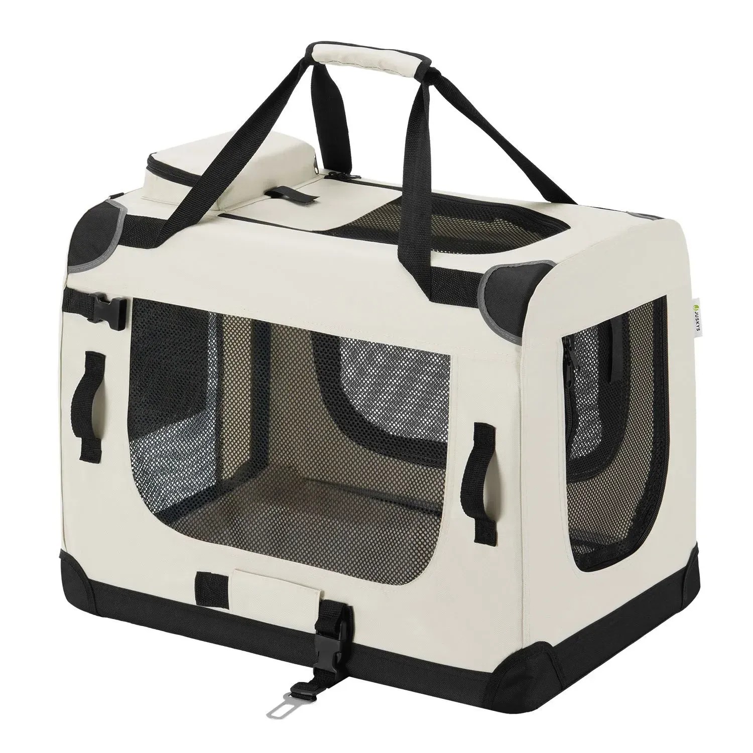Beige Juskys Hundetransportbox Lassie M, faltbar, mit Tragegriffen und Netzeinsätzen.