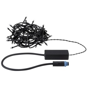 Aufgerollte Paulmann LED-Lichterkette Yuna, schwarz, 5m, mit Steuerung und Anschluss. Warmweiß für Außenbereiche.