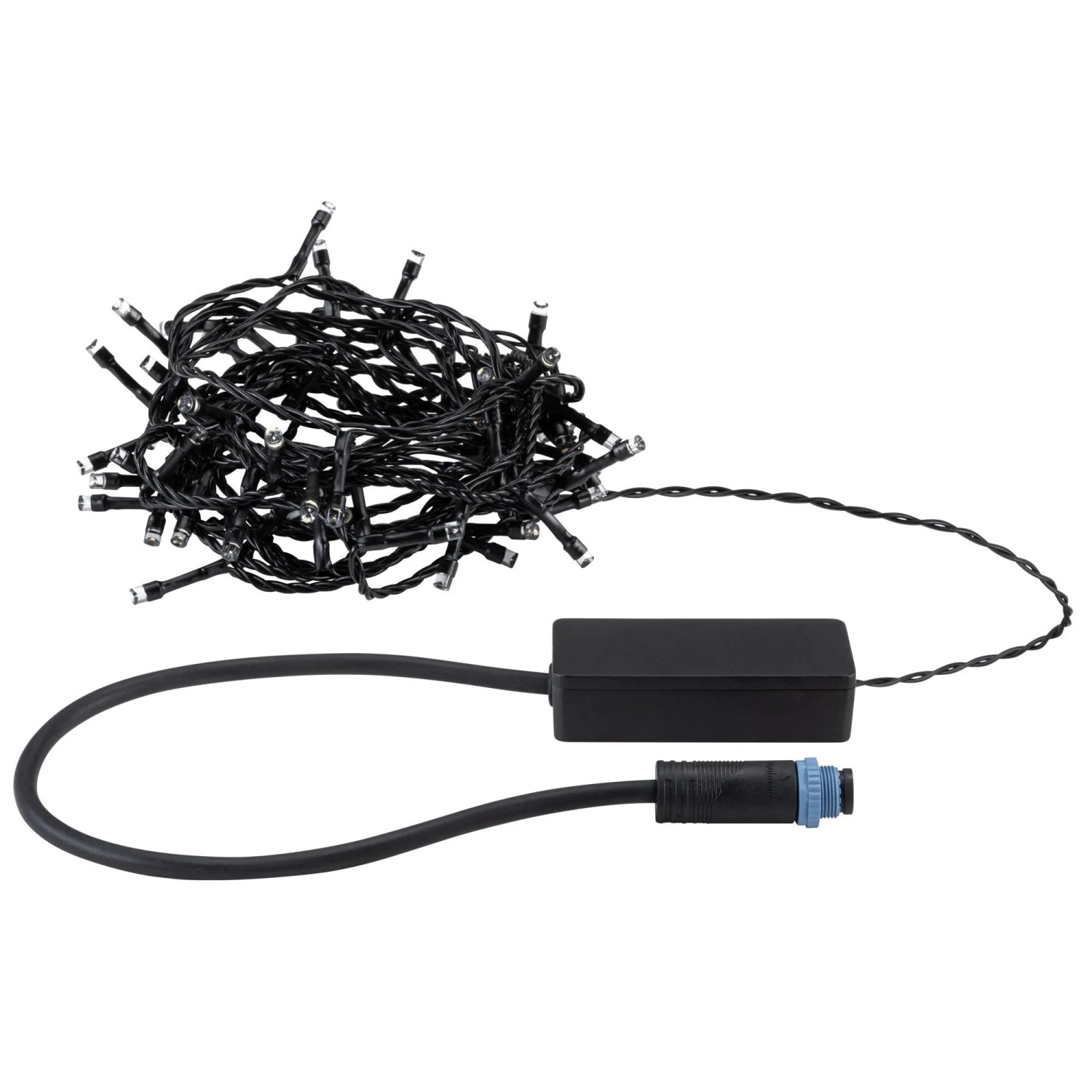 Aufgerollte Paulmann LED-Lichterkette Yuna, schwarz, 5m, mit Steuerung und Anschluss. Warmweiß für Außenbereiche.