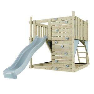 OutdoorToys Spielturm Sternenhimmel Eisblau mit Rutsche, Kletterwand und Sandkastenbereich.