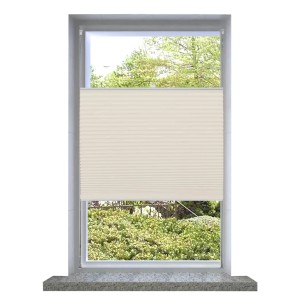 Cremefarbenes Plissee Faltrollo 70x125cm am Fenster für Sicht- und Sonnenschutz.