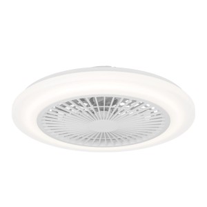Weißer Eglo LED-Deckenventilator Windley, rund, mit integriertem Lichtring und verdeckten Flügeln. Modernes Design.