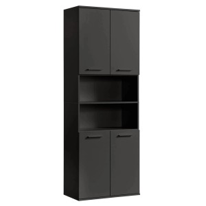 Mokebo Bad Hochschrank „Der Kapitän“ in Anthrazit, 180x65x34 cm, mit offenen und geschlossenen Fächern.