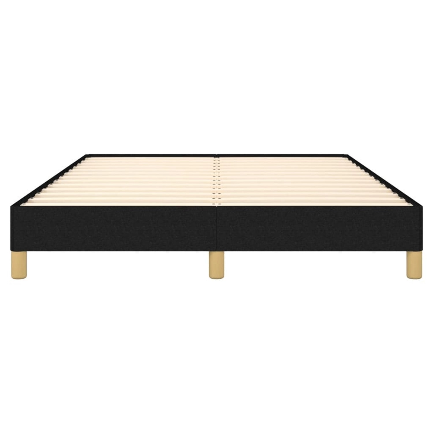 Schwarzes vidaXL Bettgestell (140x190 cm) aus Stoff mit Holzlattenrost und Füßen.