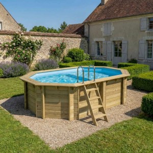 ALTANKA Holzpool Nemo 4,3x3 Höhe 1,18 m HELLBLAU mit Liegefläche mit am Beton Verschraubten Stützen BAS7302OSPL+PLA302