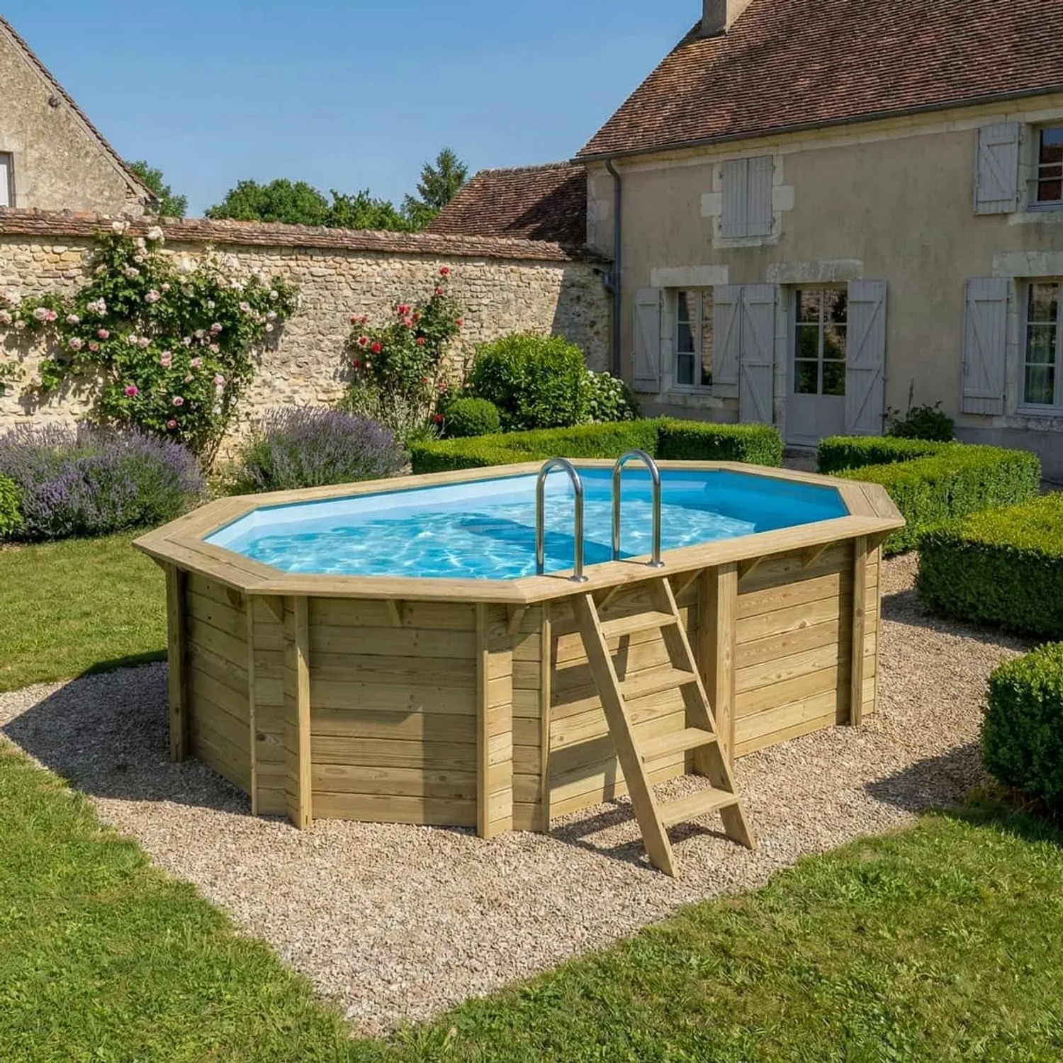 ALTANKA Holzpool Nemo 4,3x3 Höhe 1,18 m HELLBLAU mit Liegefläche mit am Beton Verschraubten Stützen BAS7302OSPL+PLA302_2