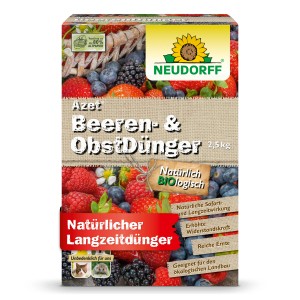 Neudorff Azet Beeren- und Obst-Dünger 2,5kg Packung mit Beeren-Motiven.