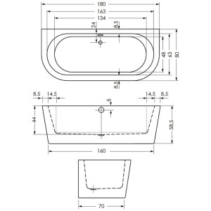 Technische Zeichnung der Steinkamp Vorwand-Badewanne 180x80 cm Living, Maße und Details.