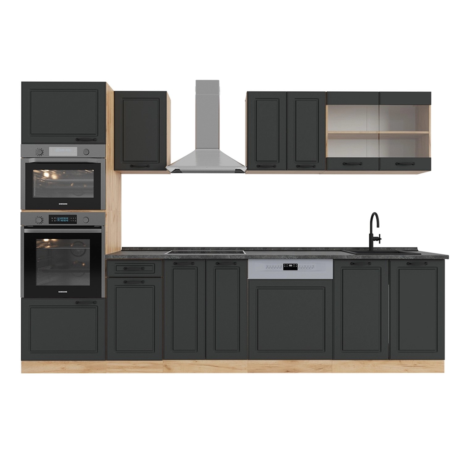 Vicco R-Line Küchenzeile Anthrazit Landhaus/Goldkraft Eiche 300 cm mit Hoch günstig online kaufen