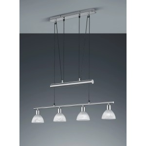 Nickel-matte Trio LED-Pendelleuchte Jojo Levisto mit vier alabasterfarbenen Glasschirmen.