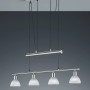 Nickel-matte Trio LED-Pendelleuchte Jojo Levisto mit vier alabasterfarbenen Glasschirmen.