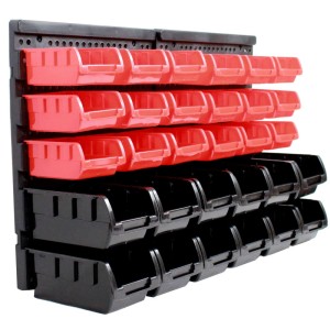 TRUTZHOLM Stapelboxen mit Wandregal, 32-teilig, rot/schwarz. Kleinteilemagazin für Lochwandsysteme.