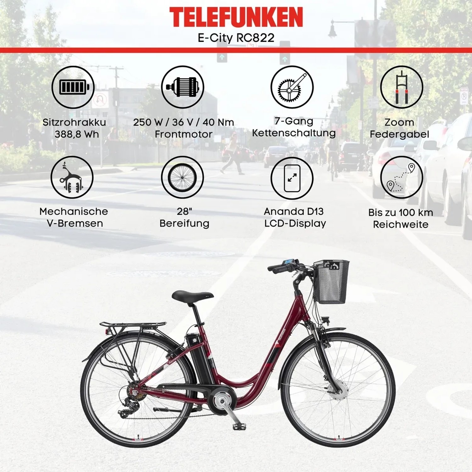 Telefunken City E-Bike RC822, 28 Zoll, mit Korb und Tiefeinstieg.