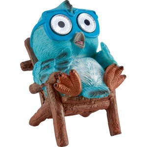 Blauer Solar LED Vogel auf Liegestuhl, 8x11x15cm, Deko für Garten & Freizeit.