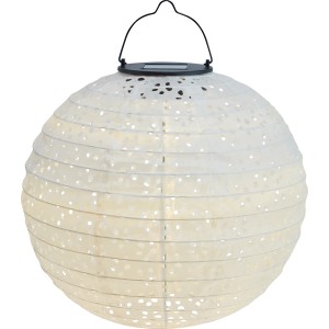 Weiße Solar-Dekoleuchte Pellaro in Lampionform, Ø 25 cm, mit Tragebügel. Ideal für Garten und Balkon.