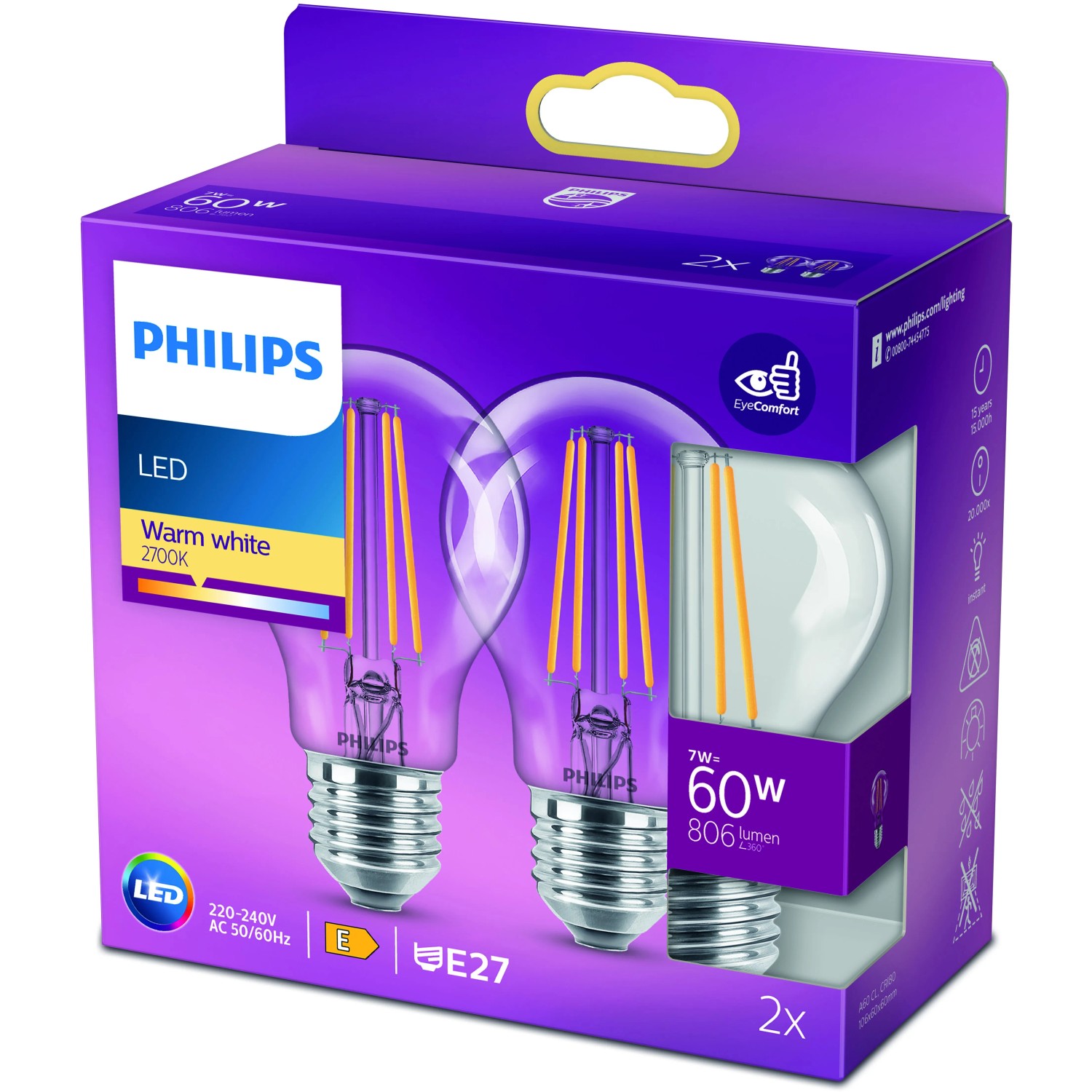 2er-Set Philips E27 LED-Lampen in Glühlampenform, 7W, warmweißes Licht.