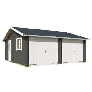 Lasita Garage Falkland Set, grau-grüne Doppelgarage mit Holztoren und Fenster.