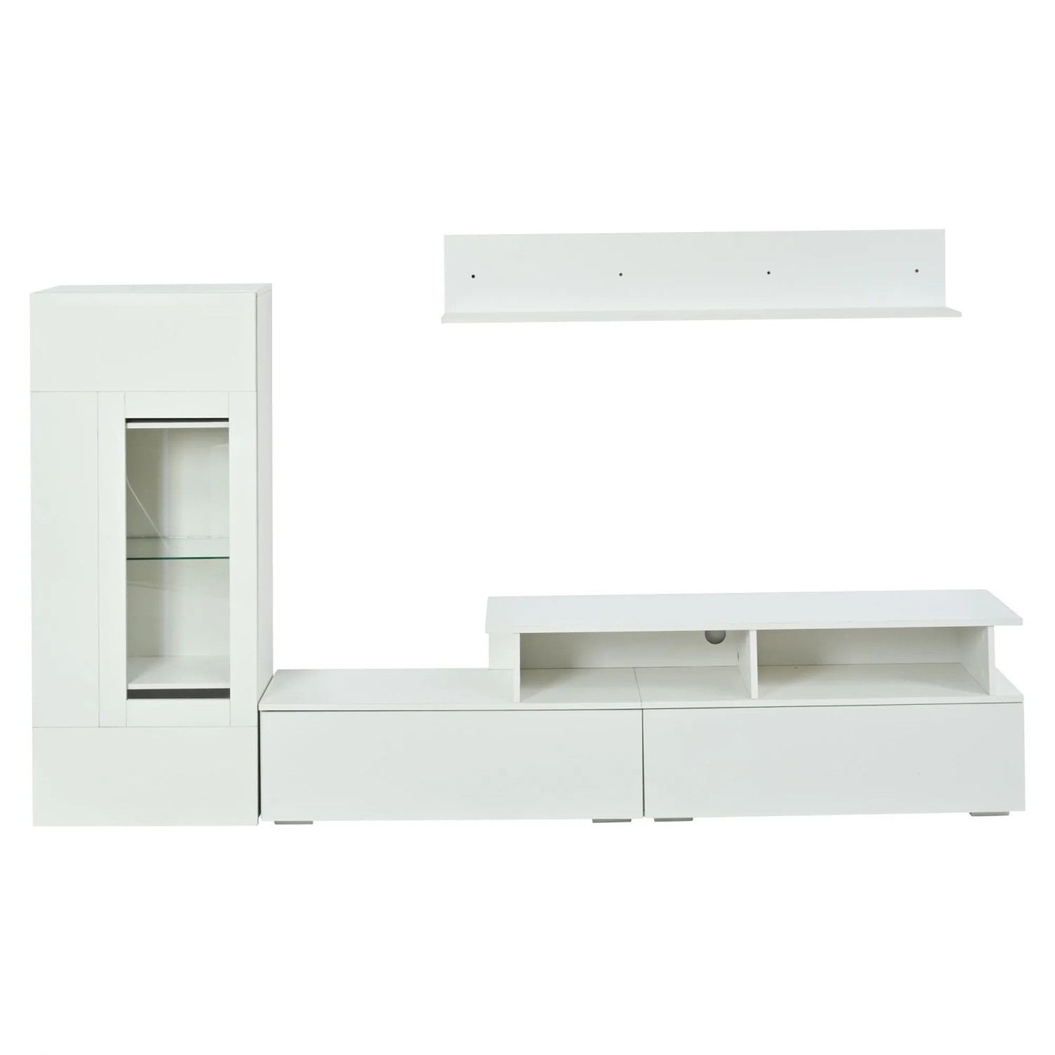 ModernLuxe 3tlg Wohnwand Hochglanz mit TV Lowboard Vitrine Wandregal Led Spanplatte Weiß