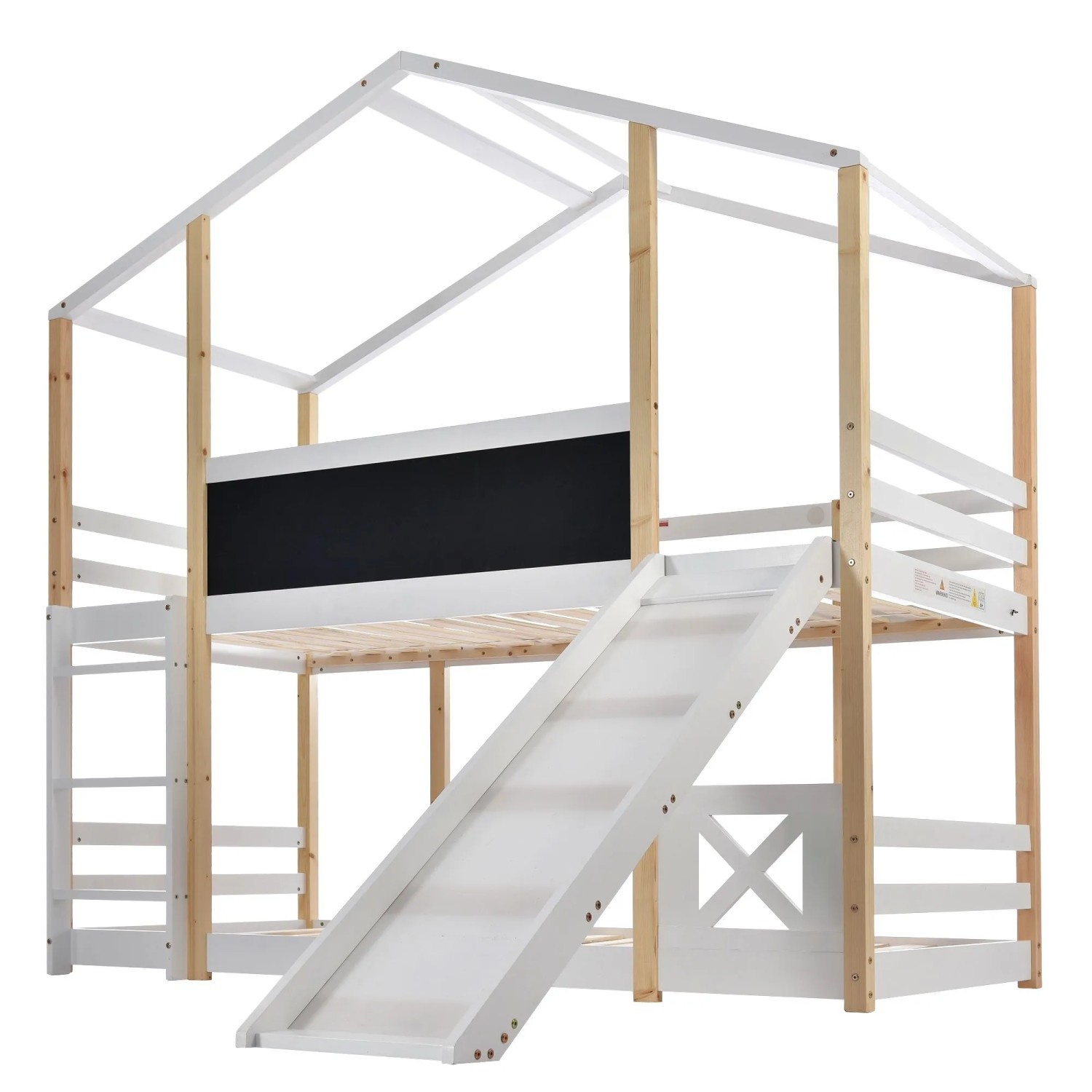 okwish Hochbett 90x200cm mit Rutsche Leiter Kinderzimmer Natur Weiß ohne Matratze
