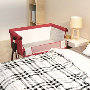 Rot-weißes vidaXL Babybett mit Matratze aus Leinenstoff, höhenverstellbar.