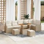 Beiges 9-teiliges vidaXL Garten-Sofa-Set aus Poly Rattan mit Tisch und Kissen.
