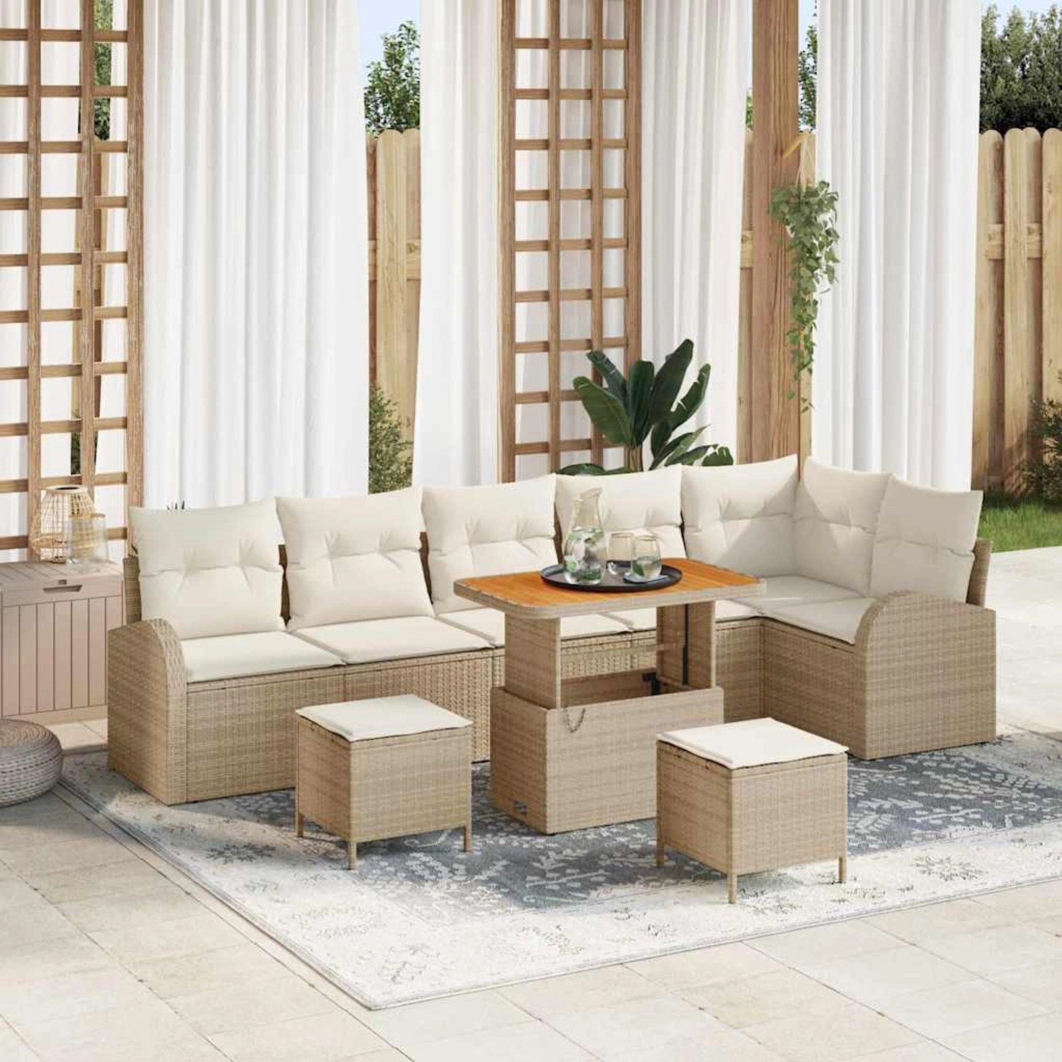 Beiges 9-teiliges vidaXL Garten-Sofa-Set aus Poly Rattan mit Tisch und Kissen.