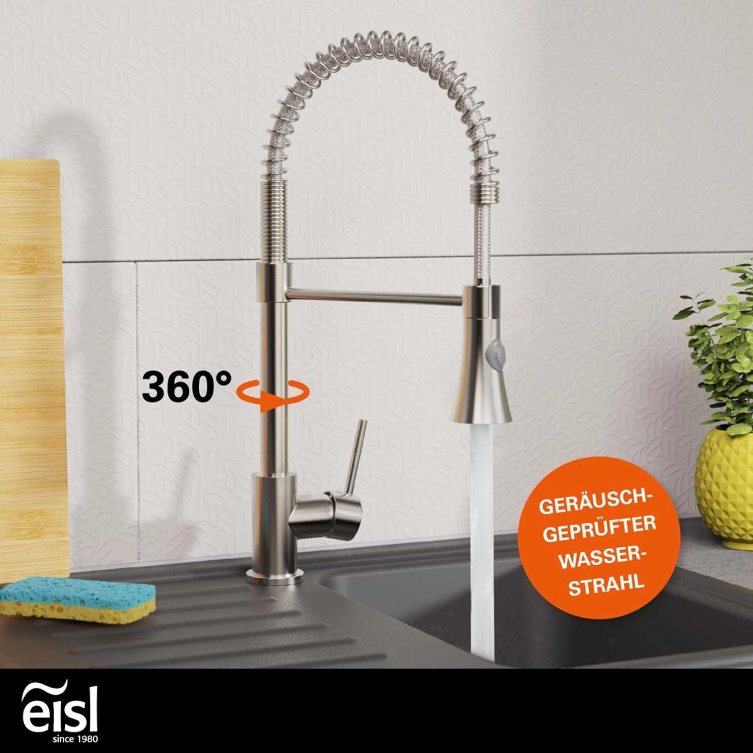 Eisl Spültischarmatur Leon mit Geschirrbrause, Edelstahloptik, 360° schwenkbar.