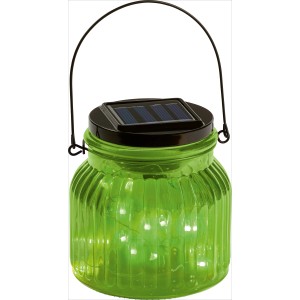 Grünes LED-Dekoglas Marrubio für den Außenbereich mit Henkel und Solarpanel.